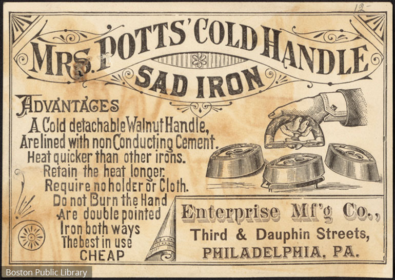 An advert for Mrs Potts Cold Handle Sad Iron from 1880